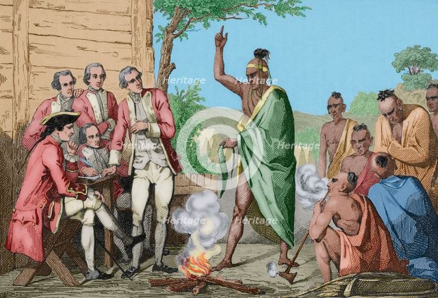 Native American council and conquistadors meeting around a fire, United States, 1837, (1850). Creator: Emile Louis Vernier.