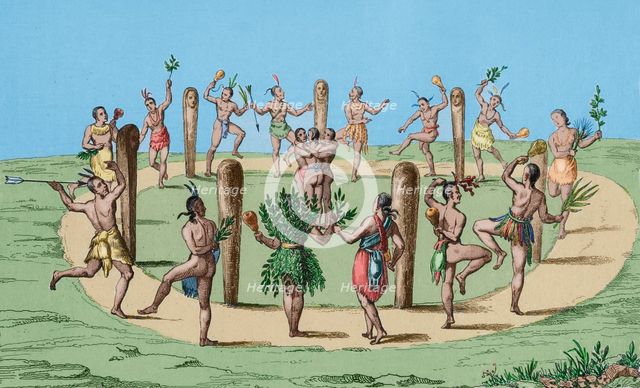 Native American dance, Virginia, 16th century, (1836), (1850). Creator: Emile Louis Vernier.