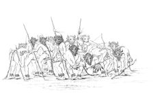 Native American hunters dancing wearing buffalo masks, 1841.Artist: Myers and Co
