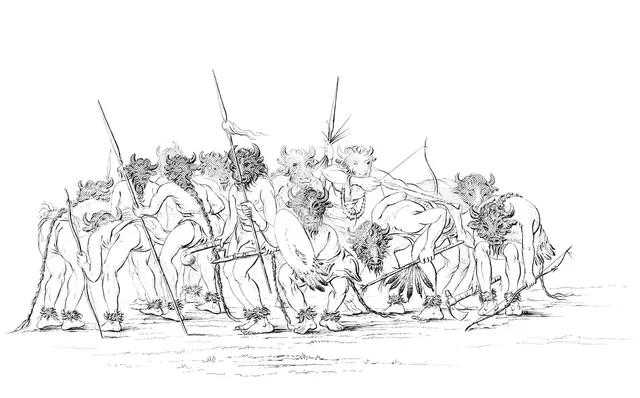 Native American hunters dancing wearing buffalo masks, 1841.Artist: Myers and Co