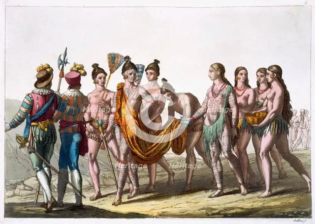 Native American widows approach their chief for permission to remarry, c1820-1839. Creator: Gallo Gallina.