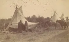 Native American Women and Horses by Teepee in Camp, 1880s-90s. Creator: Unknown