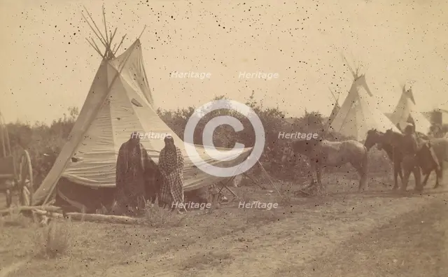 Native American Women and Horses by Teepee in Camp, 1880s-90s. Creator: Unknown.