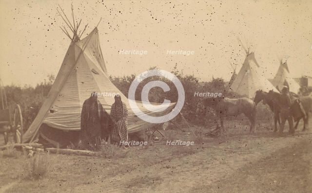 Native American Women and Horses by Teepee in Camp, 1880s-90s. Creator: Unknown.