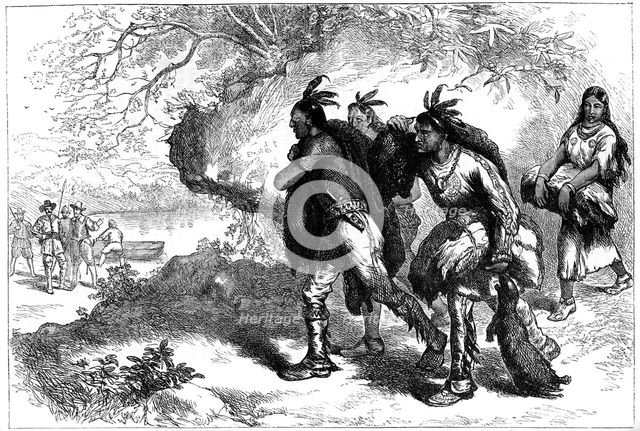 Native Americans bringing beaver skins to European traders, 17th century (c1880). Artist: Unknown