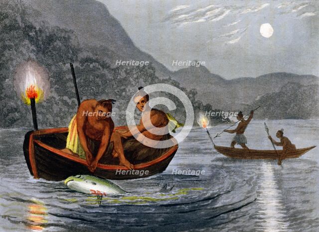 Native Americans fishing by torchlight in North America, 1813. Artist: H Merke