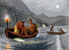Native Americans fishing by torchlight in North America, 1813. Artist: H Merke