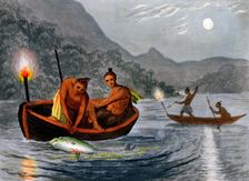 Native Americans fishing by torchlight in North America, 1813. Creator: H Merke