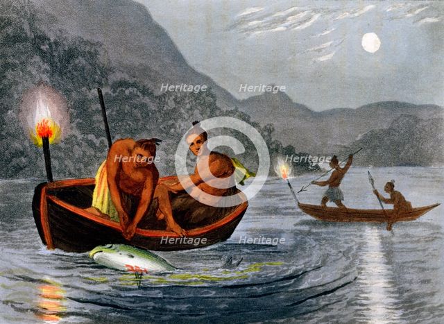 Native Americans fishing by torchlight in North America, 1813. Creator: H Merke.