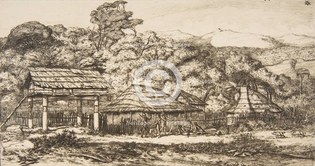 Native Barns and Huts at Akaroa, Banks Peninsula, 1845, 1860. Creator: Charles Meryon.