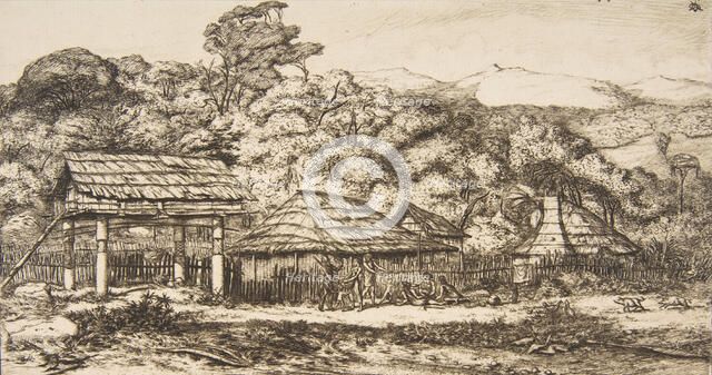 Native Barns and Huts at Akaroa, Banks Peninsula, 1845, 1860. Creator: Charles Meryon.