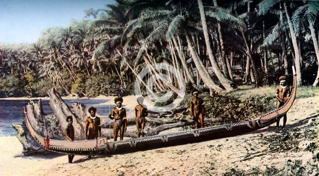 Native canoe on a palm shaded beach, Solomon Islands, c1923. Artist: York & Son