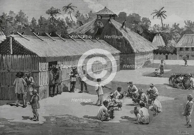 Natives of the countryside training the fighting cocks, Philippines, 1883.  Creator: Juan Comba García.