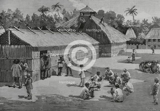 Natives of the countryside training the fighting cocks, Philippines, 1883.  Creator: Juan Comba García.