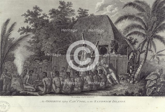 Natives of the Sandwich Islands, Hawaii, slaughtering swine before Captain Cook, c1778. Artist: Unknown