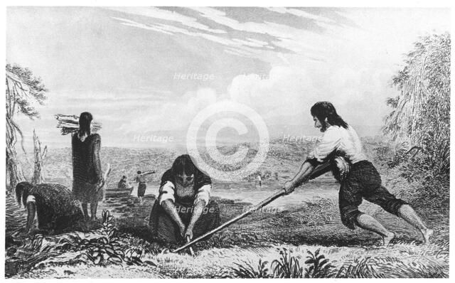 Natives of Chiloe, Patagonia, using a breast plough, 1839. Artist: Unknown