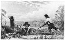 Natives of Chiloe, Patagonia, using a breast plough, 1839. Creator: Unknown