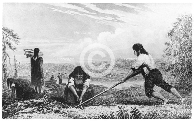 Natives of Chiloe, Patagonia, using a breast plough, 1839. Creator: Unknown.