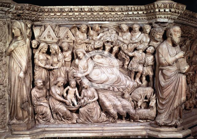  'Nativity', bas-relief in the pulpit of the Cathedral of Siena.