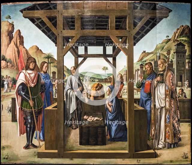 Nativity between Saints James and Eustace, Nicholas and Mark, c1494. Creator: Bastiani; Lazzaro (1429-1512).