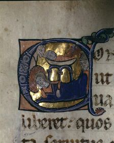 Nativity, illuminated capital letter in the Episcopal Sacramentary of Elna manuscript on parchm…