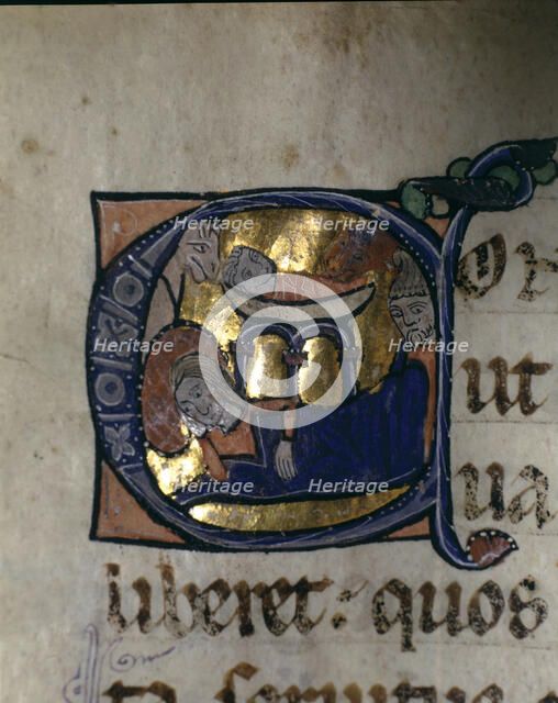 Nativity, illuminated capital letter in the 'Episcopal Sacramentary of Elna' manuscript on parchm…