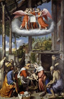 Nativity with Shepherds, Saint Jerome and a Donor, 1529-1535. Creator: Moretto da Brescia, Alessandro (ca 1498 - 1554)
