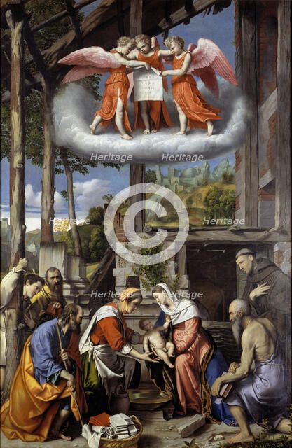 Nativity with Shepherds, Saint Jerome and a Donor, 1529-1535. Creator: Moretto da Brescia, Alessandro (ca 1498 - 1554).