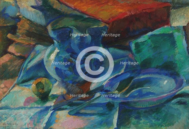 Natura morta di terraglie posate e frutta, 1915-1916. Creator: Boccioni, Umberto (1882-1916).