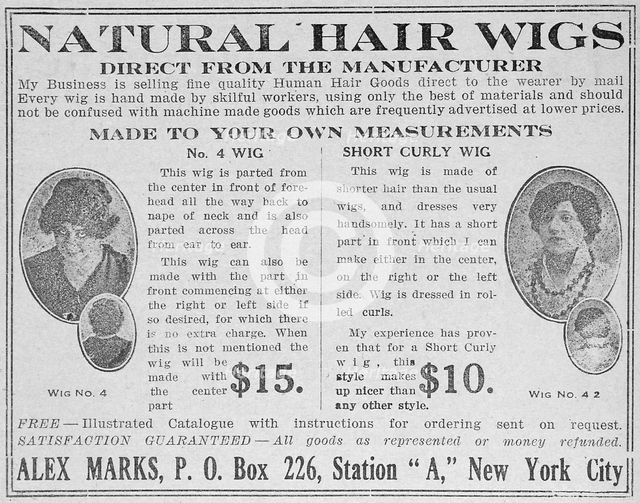 Natural hair wigs; Direct from the manufacturer, 1918-1922. Creator: Unknown.
