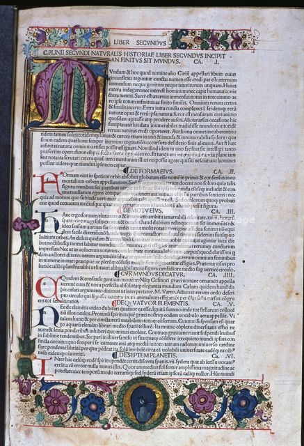 Natural History, an illuminated page of the Venice edition of 1478, a work by Pliny the Elder.