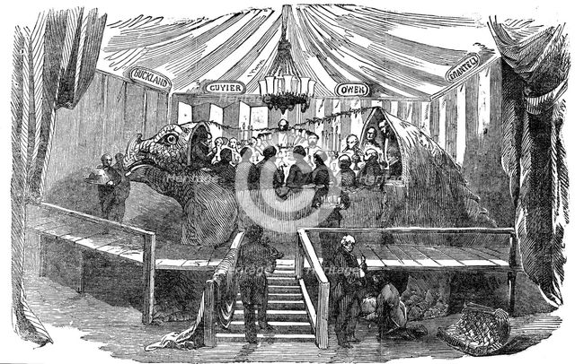 Naturalists dining inside a model of a dinosaur, Crystal Palace, Sydenham, New Year's Eve, 1853. Creator: Unknown.