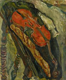 Nature morte au violon, pain et poisson (Still life with violin, bread and fish), c. 1922. Creator: Soutine, Chaim (1893-1943)