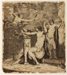 Nature, Leaning on the Sarcophagus of Shakespeare, Crowns Genius, 1773. Creator: John Hamilton Mortimer