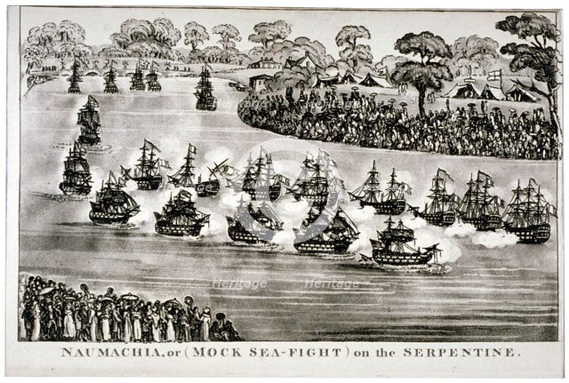 'Naumachia, or (Mock Sea-Fight) on the Serpentine', Hyde Park, London, 1814.                         Artist: Anon