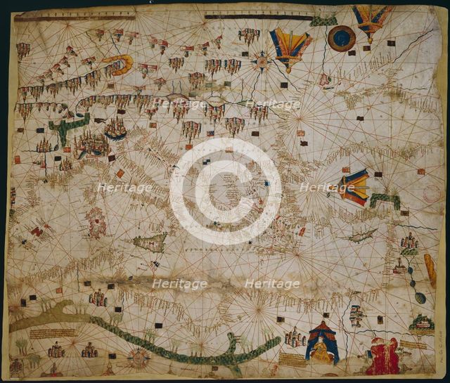 Nautical chart of the Mediterranean Sea and the Black Sea, 1440s. Artist: Rossell (Rosselli), Pere (Petrus) (active 1446-1489)