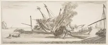 Naval combat, a ship at center, seen from behind, firing at four enemy ships, another ..., ca. 1641. Creator: Stefano della Bella