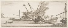 Naval combat, a ship at center, seen from behind, firing at four enemy ships, another ..., ca. 1641. Creator: Stefano della Bella