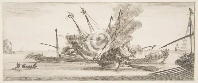 Naval combat, a ship at center, seen from behind, firing at four enemy ships, another ..., ca. 1641. Creator: Stefano della Bella.
