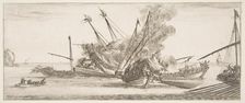 Naval combat, a ship at center, seen from behind, firing at four enemy ships, another ..., ca. 1641. Creator: Stefano della Bella