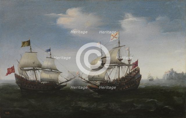 Naval combat against a rocky shore, 1627. Artist: Vroom, Hendrick Cornelisz. (1562/3-1640)