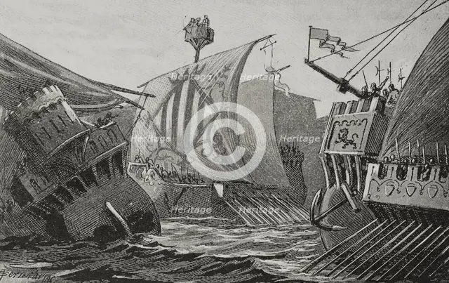 Naval combat between Catalans and Genoese, Middle Ages, 1890.  Creator: Joan Serra y Pausas.
