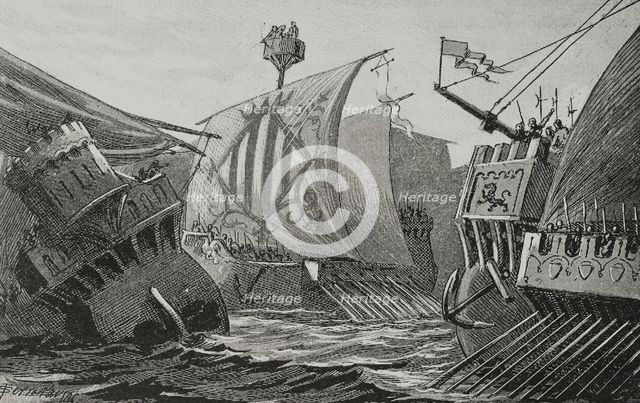 Naval combat between Catalans and Genoese, Middle Ages, 1890.  Creator: Joan Serra y Pausas.