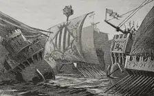 Naval combat between Catalans and Genoese, Middle Ages, 1890. Creator: Joan Serra y Pausas