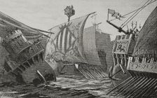 Naval combat between Catalans and Genoese, Middle Ages, 1890. Creator: Joan Serra y Pausas