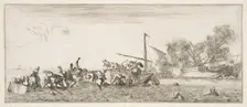Naval battle, a rowboat filled with people fighting with muskets to left, people drown..., ca. 1641. Creator: Stefano della Bella