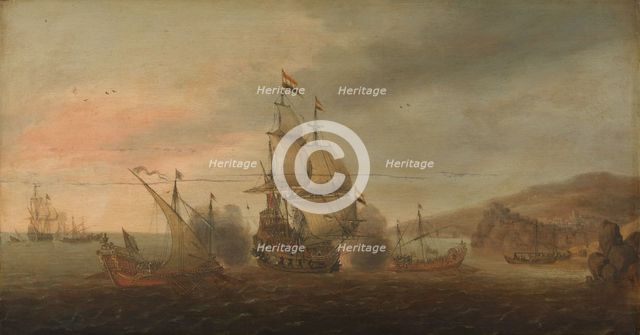 Naval Battle between Dutch Men-of-War and Spanish Galleys, c.1633-c.1650. Creator: Cornelis Boel.