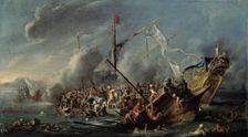 Naval battle between Spaniards and Turks, mid-17th century. Creator: Cornelis de Wael