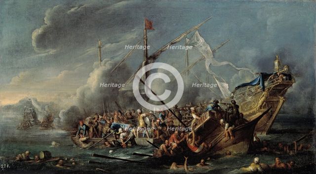 Naval battle between Spaniards and Turks, mid-17th century. Creator: Cornelis de Wael.