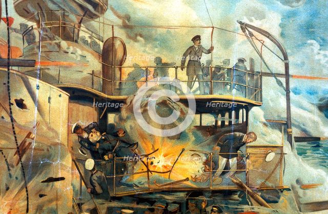 Naval battle between Russian and Japanese fleets, Russo-Japanese War, 1904-5. Artist: Unknown